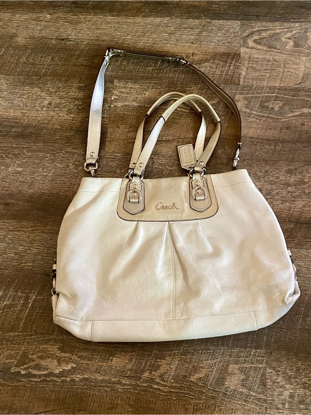Coach Ashley Tote Shoulder Bag Cross Body Purse Ivory Silver Leather 15513 Y2K